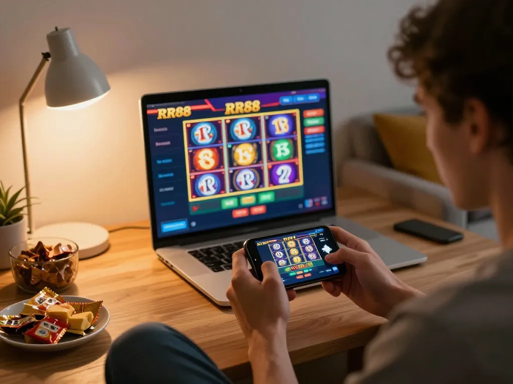 Engaging with RR88 gaming app on smartphone in a cozy home setting, showcasing online casino experience.