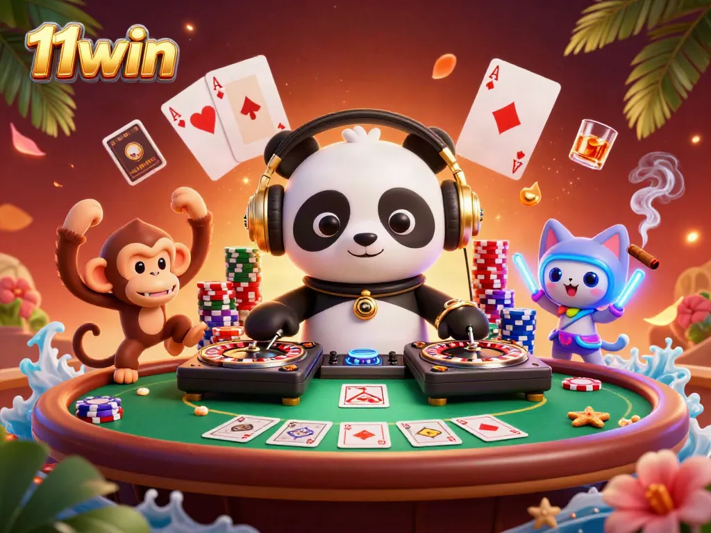 Experience thrilling gaming moments with 11win's electrifying atmosphere featuring vibrant characters and poker action.