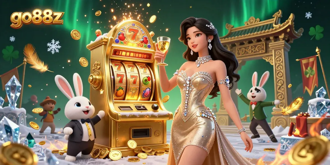 Experience go88z with a stunning woman celebrating beside a golden jackpot slot, surrounded by dazzling casino elements.