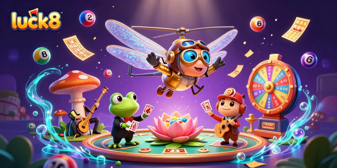 Experience luck8 with a vibrant casino scene featuring a dragonfly pilot, frog dealer, and jazz musicians.