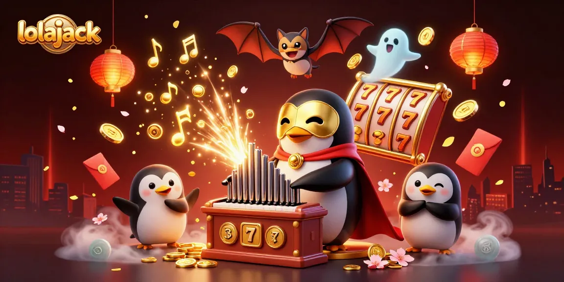 Experience excitement at lolajack with a 3D illustration showcasing a penguin and acrobats amidst casino elements.