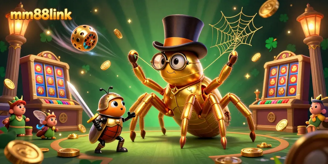 Engage with exciting gaming adventures at mm88link, featuring a vibrant illustration of a golden tarantula and beetle knight in a sprawling casino.