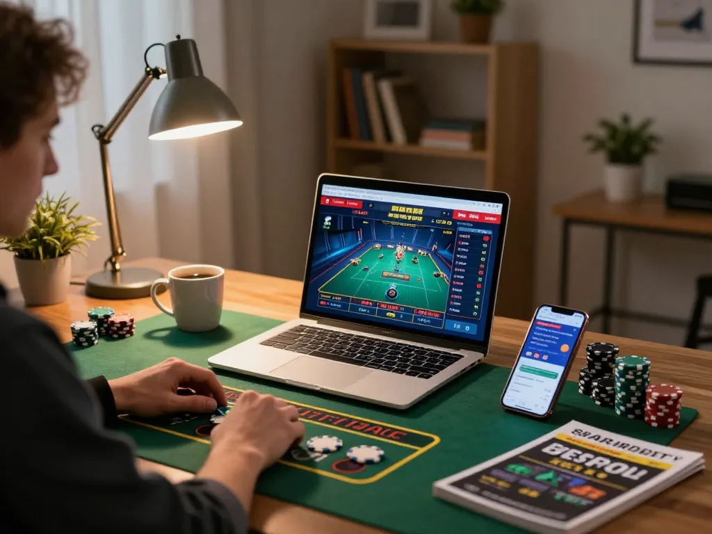 Person playing online games at home with a laptop, enjoying bj88bj casino experience.