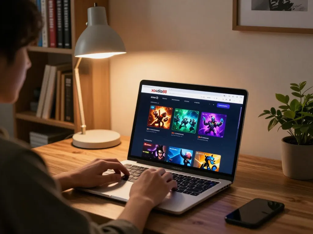 xocdia88 platform displayed on laptop in a cozy home office setting