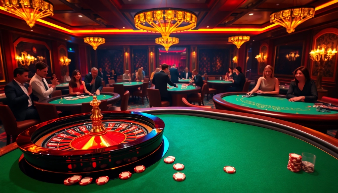 Exciting casino atmosphere showcasing "kèo nhà cái bet88" with players at roulette and poker tables.
