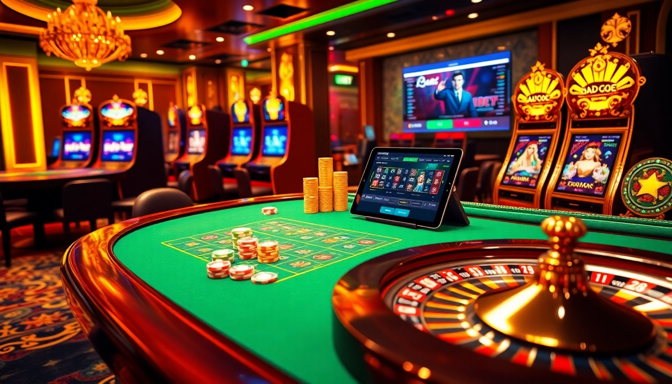 Experience the excitement of gambling with FABET's vibrant casino scene filled with poker tables and slot machines.