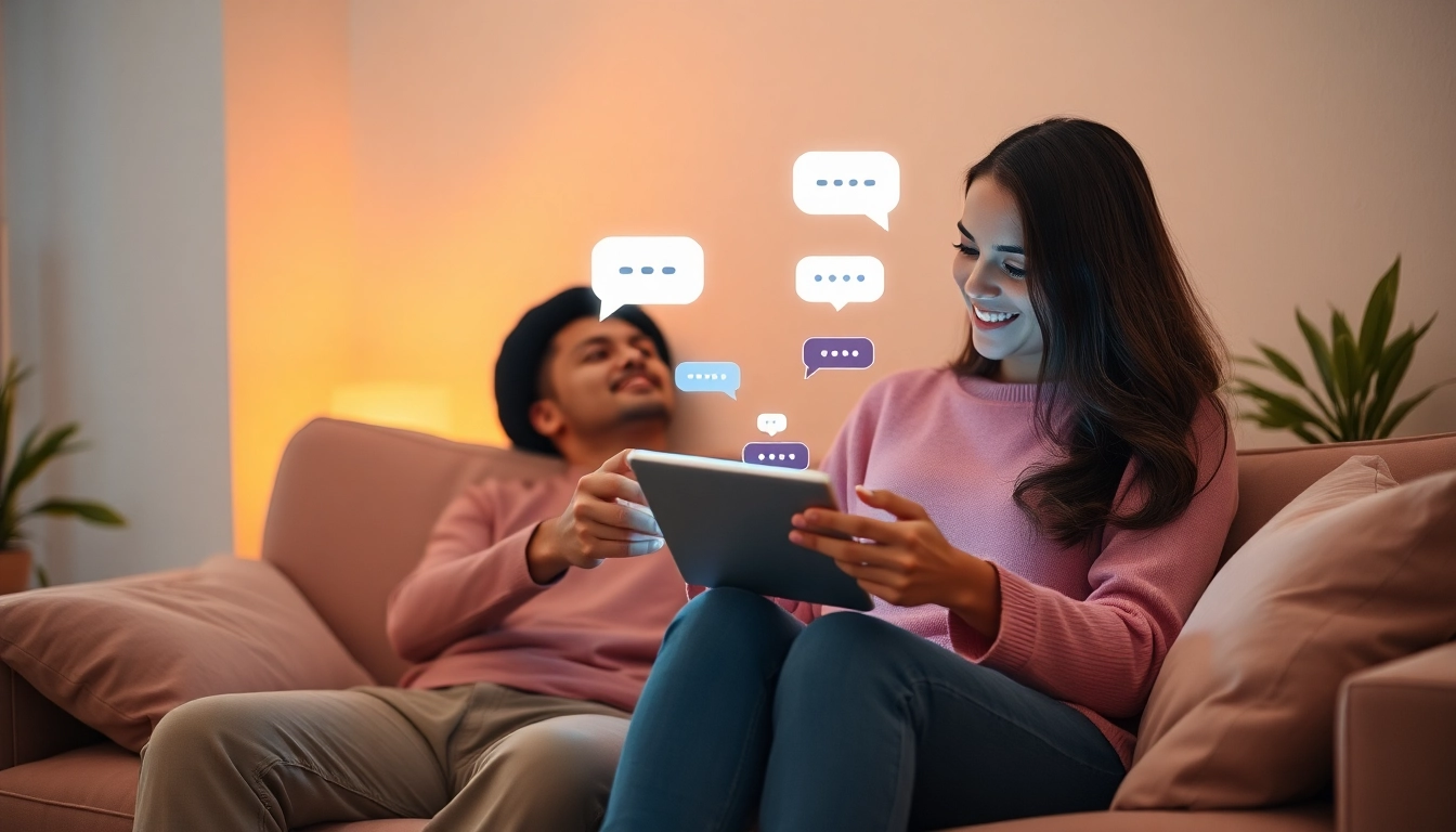 A couple using sexting AI on a tablet, showcasing modern romance and technology integration.