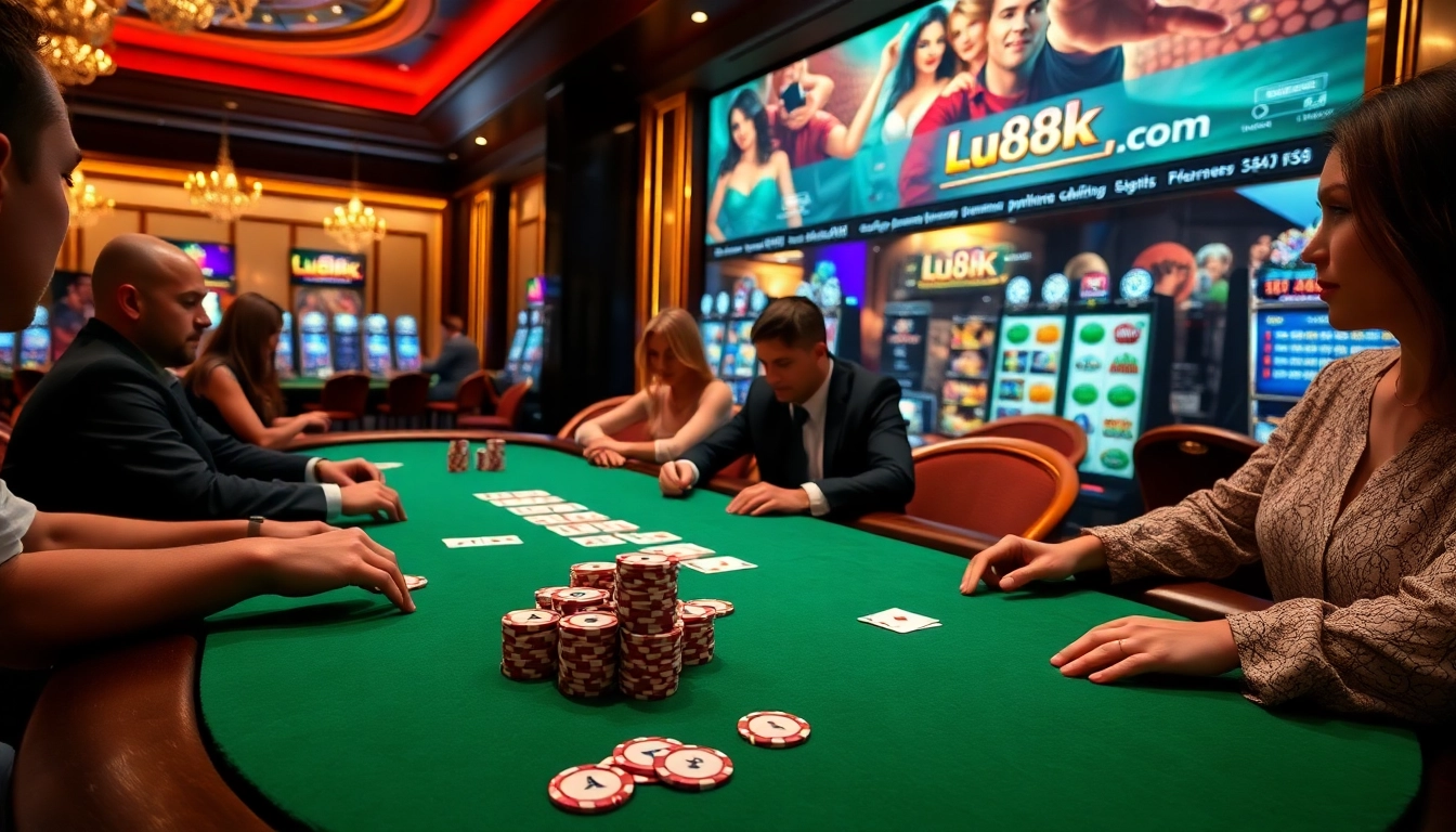 Players strategizing in a vibrant casino scene, showcasing Lu88k.com for online gambling excitement.