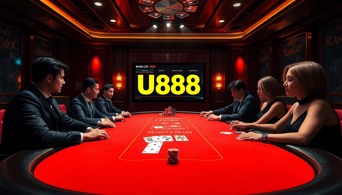 Experience the excitement of Nhà cái U888 through an elegant poker table scene with vibrant chips and cards.