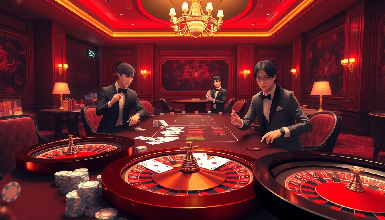 Experience the thrill of red88 betting with an upscale casino scene featuring vibrant roulette wheels and poker excitement.