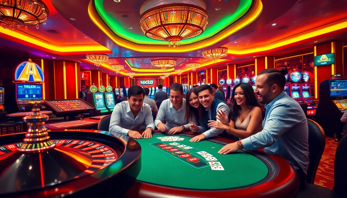Exciting casino scene at nk88.com with players enjoying poker and roulette games.