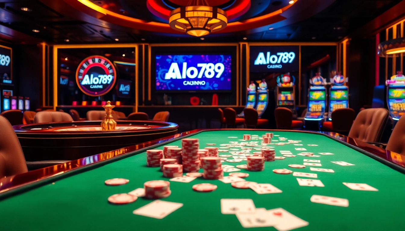 Alo789 invites players to engage in thrilling casino games at a luxurious gaming table surrounded by slot machines.