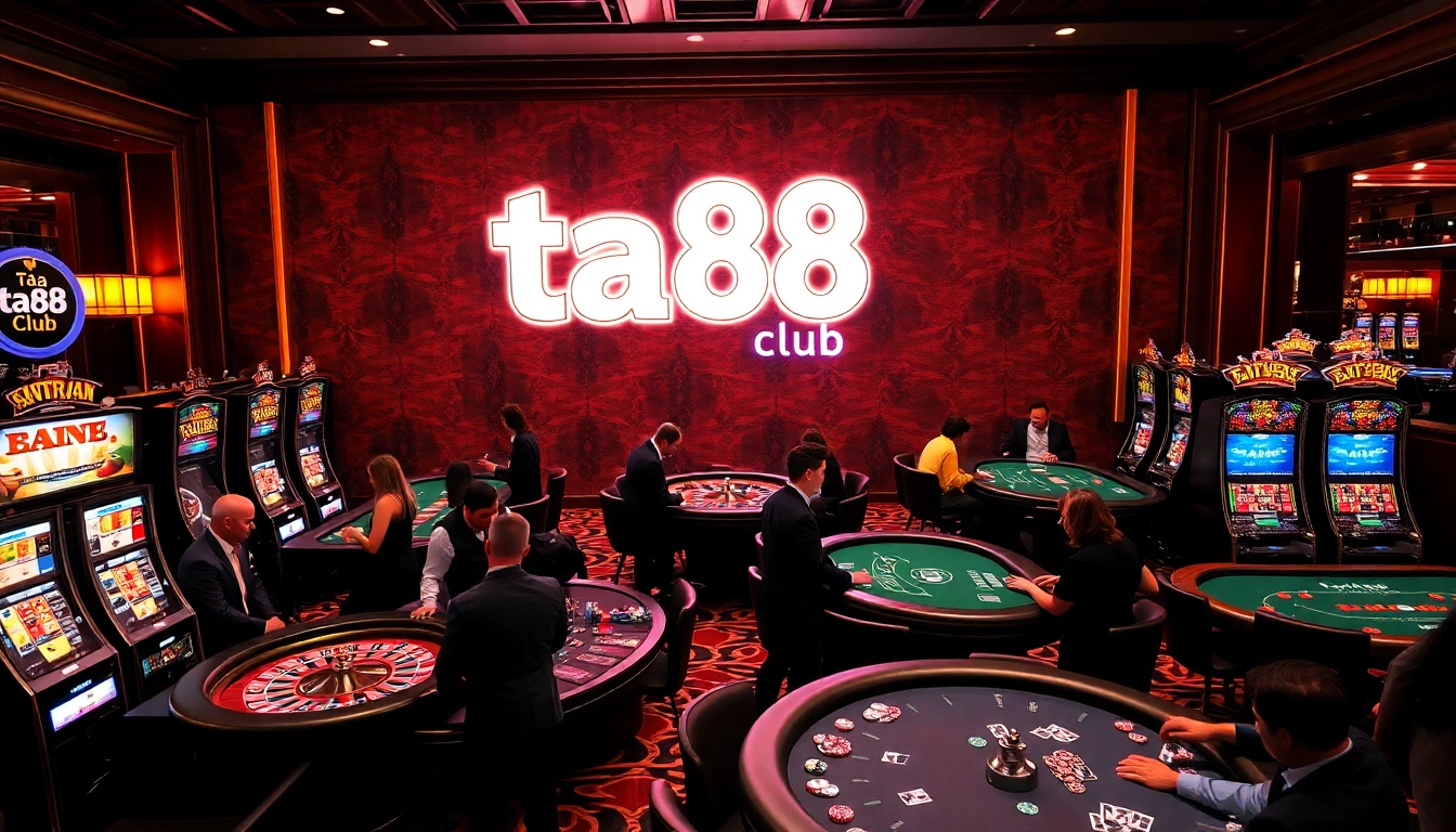 Action-packed scene at ta88 club showcasing professional gamblers at exciting casino tables.