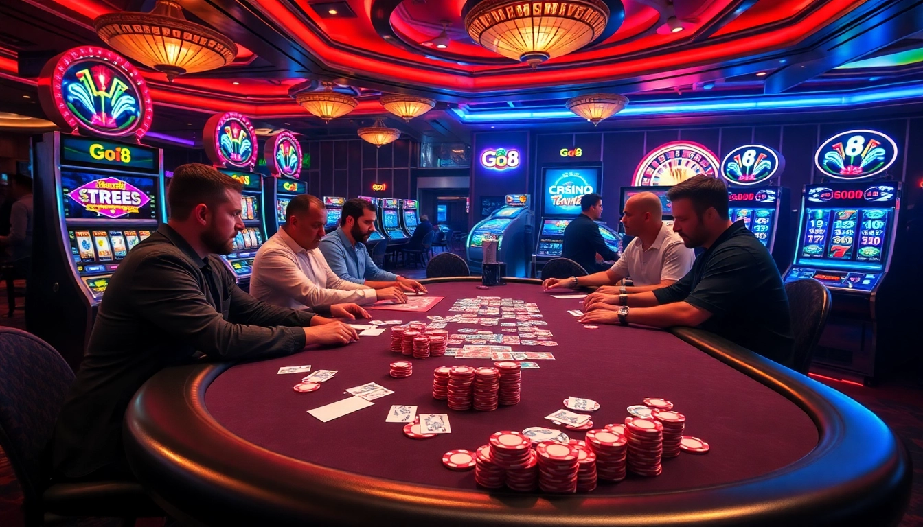 A player winning at the Go8 poker table amid vibrant casino excitement.