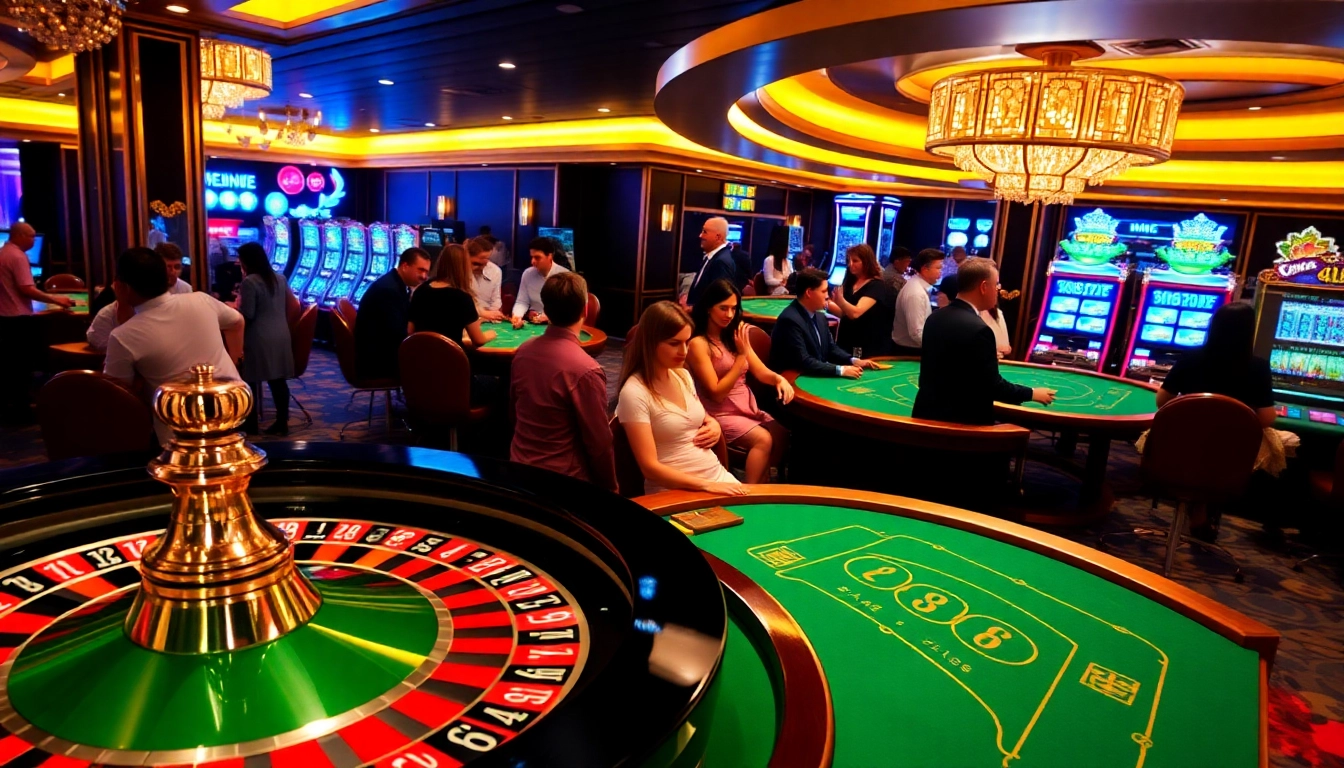 Experience the thrill of gambling at uu88 with a luxurious casino scene filled with poker tables and slots.