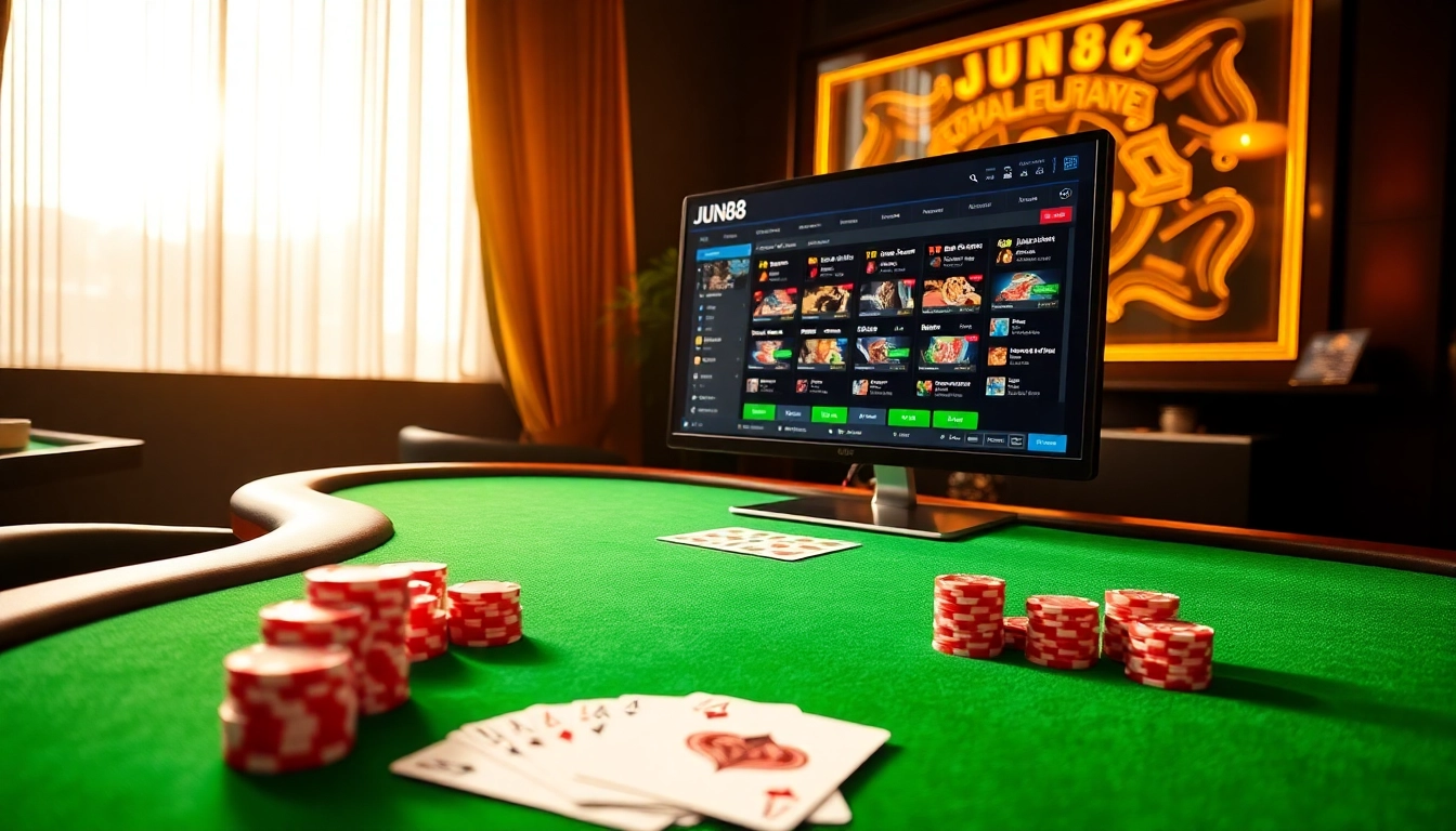 Experience the excitement of Nhà cái Jun88 with vibrant casino elements showcasing an engaging gaming atmosphere.