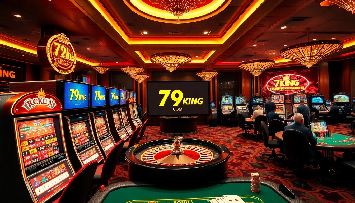 Players enjoying various games at 79KING COM casino, featuring vibrant slot machines and poker tables.