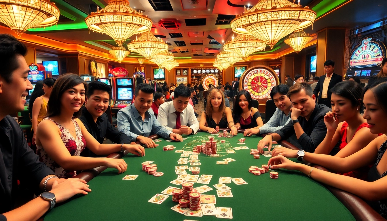 Players intensely strategizing at a game bài table in a luxurious casino setting.