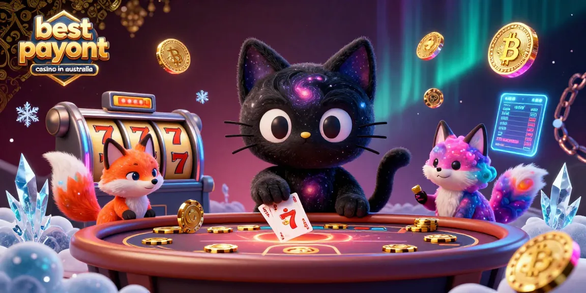 Engage with the best payout casino in Australia featuring a cosmic scene with a black hole cat and nebula fox amidst glowing crypto elements.