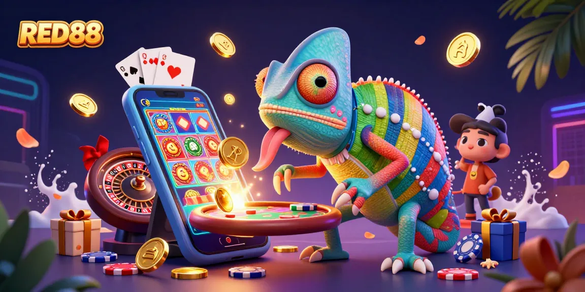 Spin and win with RED88 as the chameleon casino owner captures golden coins amidst vibrant games.