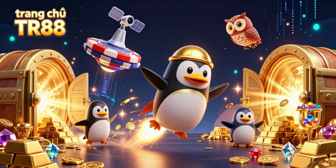 Experience the excitement at trang chủ TR88 with a golden rocket-powered penguin and casino treasures.