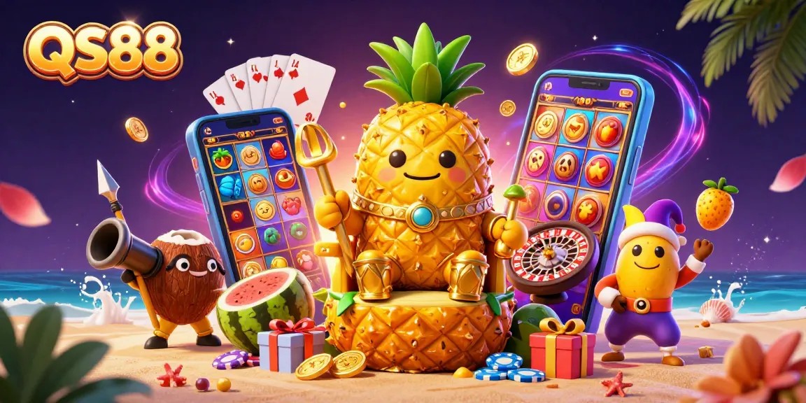 Experience the excitement of QS88 with a colorful 3D casino scene showcasing vibrant characters and dynamic gaming elements.