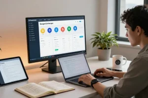 Developer utilizing bungeeexchange tools in a modern workspace showcasing blockchain technology.